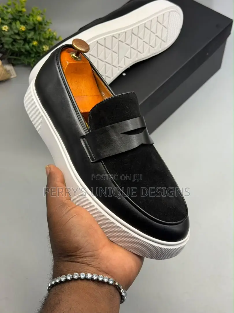 Men’s Black Suede Loafer Sneakers With White Platform Cupsole