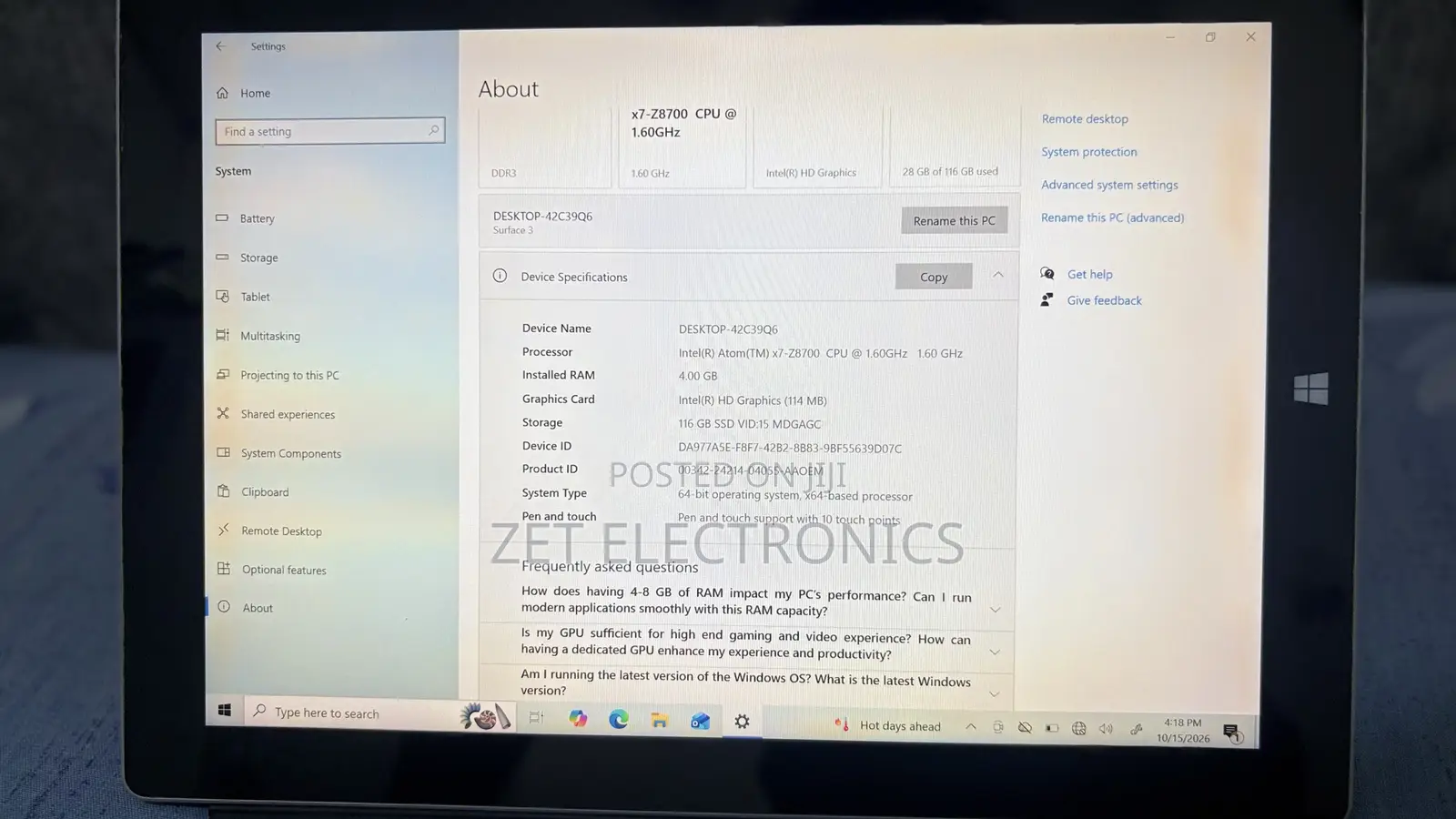 Laptop Microsoft Surface Laptop 3 4GB Intel Atom SSD 128GB