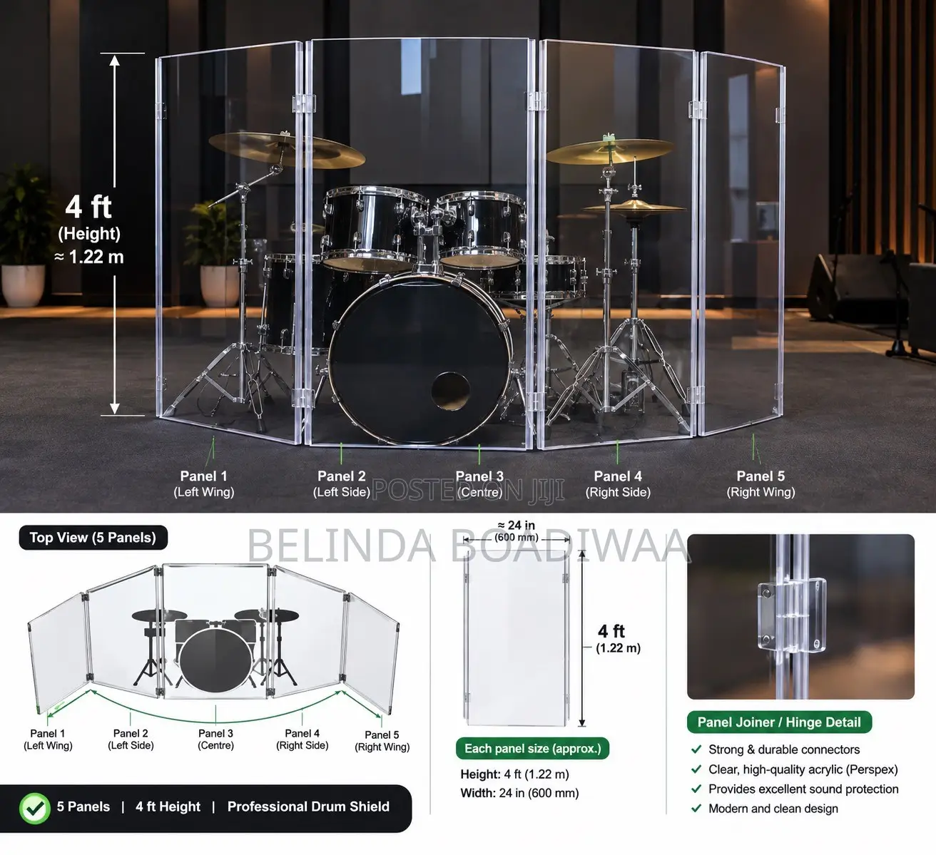 5Panel Acrylic Drum Shield–4ftHeight|Sound Control for Church&Studios