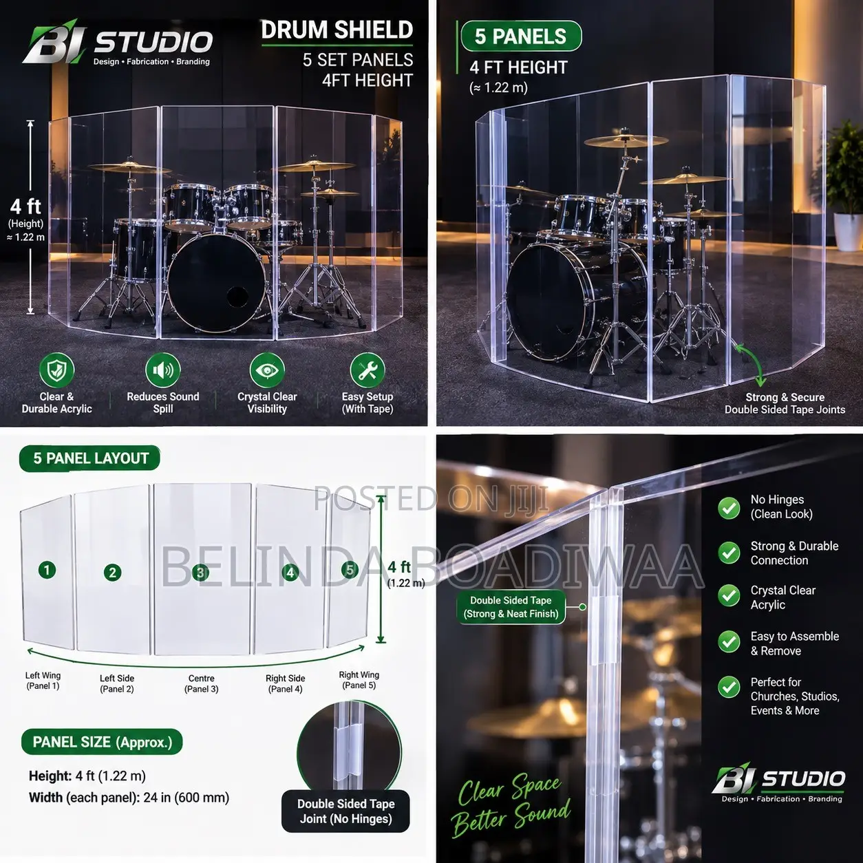 5Panel Acrylic Drum Shield–4ftHeight|Sound Control for Church&Studios