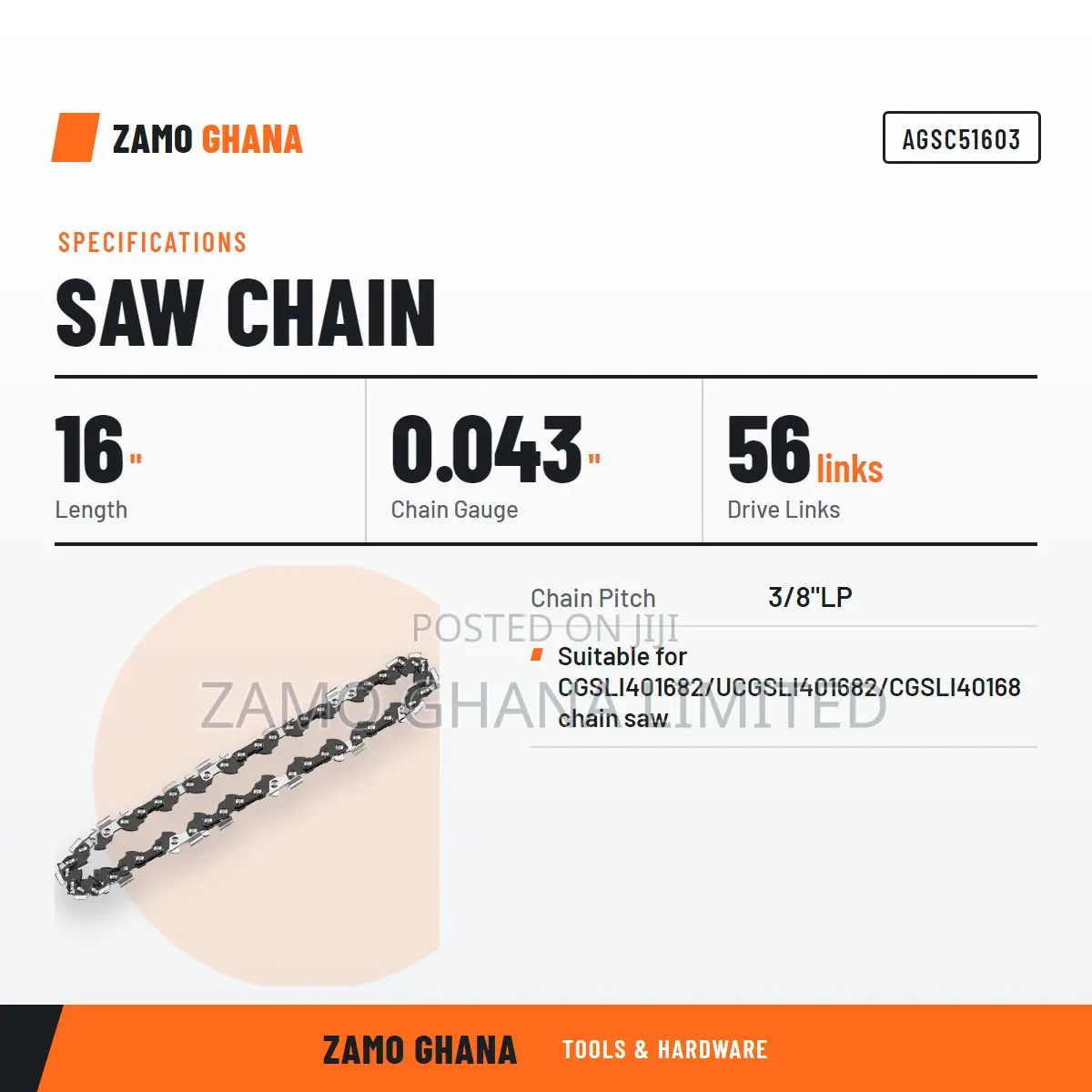 Saw Chain 16" for Cgsli40168 - Agsc51603