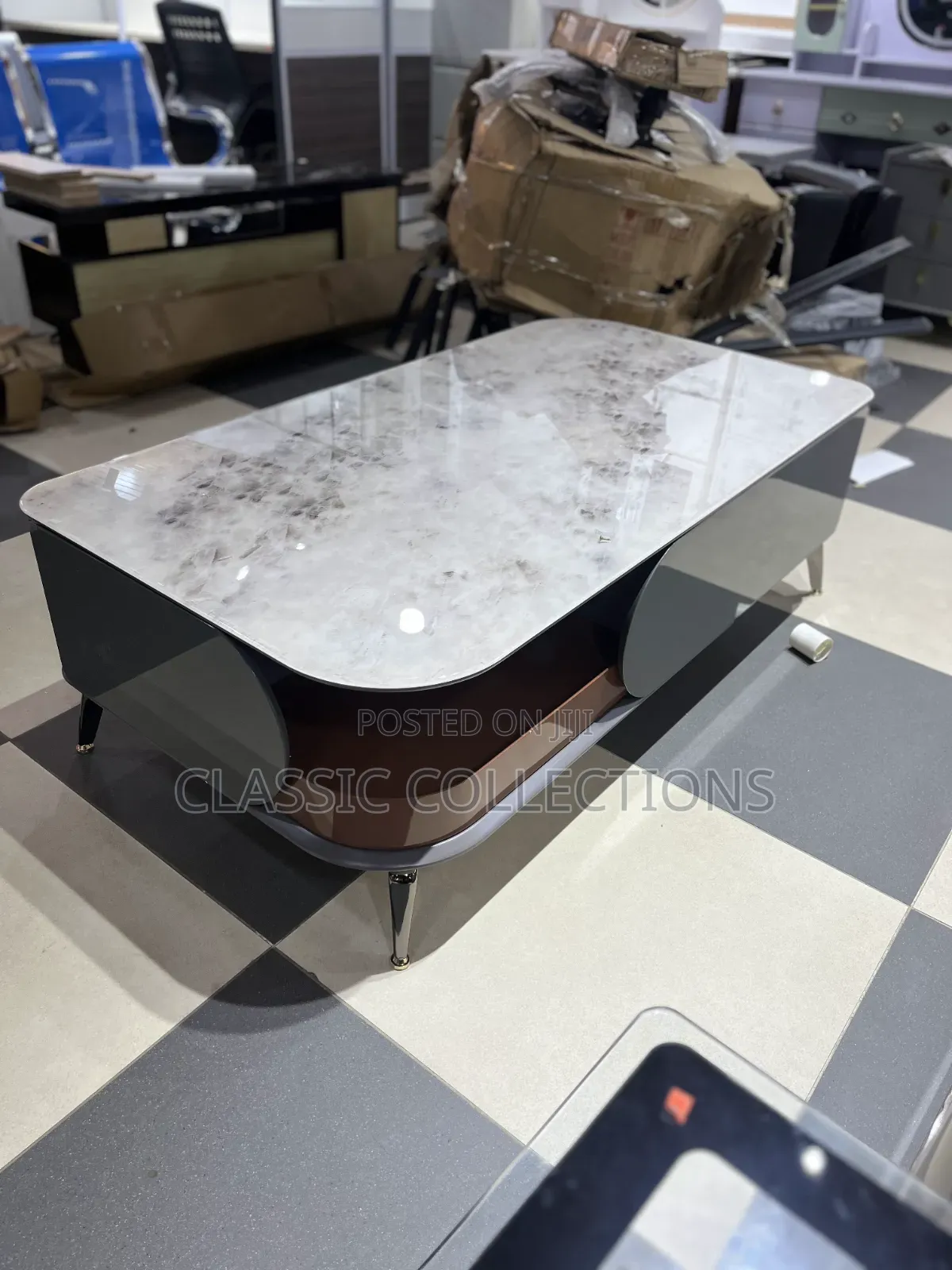 Modern Coffee Table Set With Rotatable Oval Faux-Marble Top & Drawer