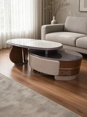 Modern Coffee Table Set With Rotatable Oval Faux-Marble Top & Drawer