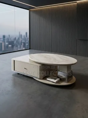 Modern Coffee Table Set With Rotatable Oval Faux-Marble Top & Drawer