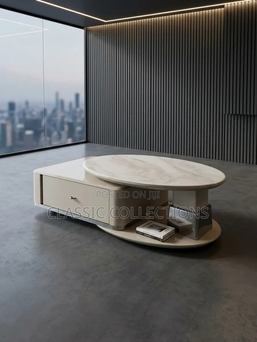 Modern Coffee Table Set With Rotatable Oval Faux-Marble Top & Drawer