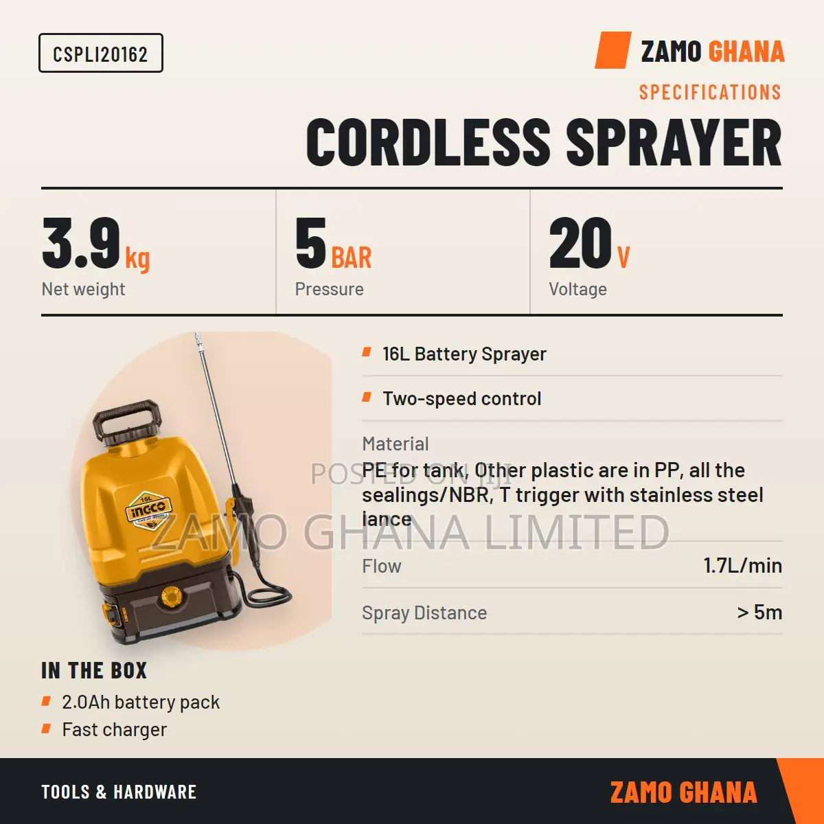Cordless Knapsack Sprayer 20v 16l + Battery - Cspli20162