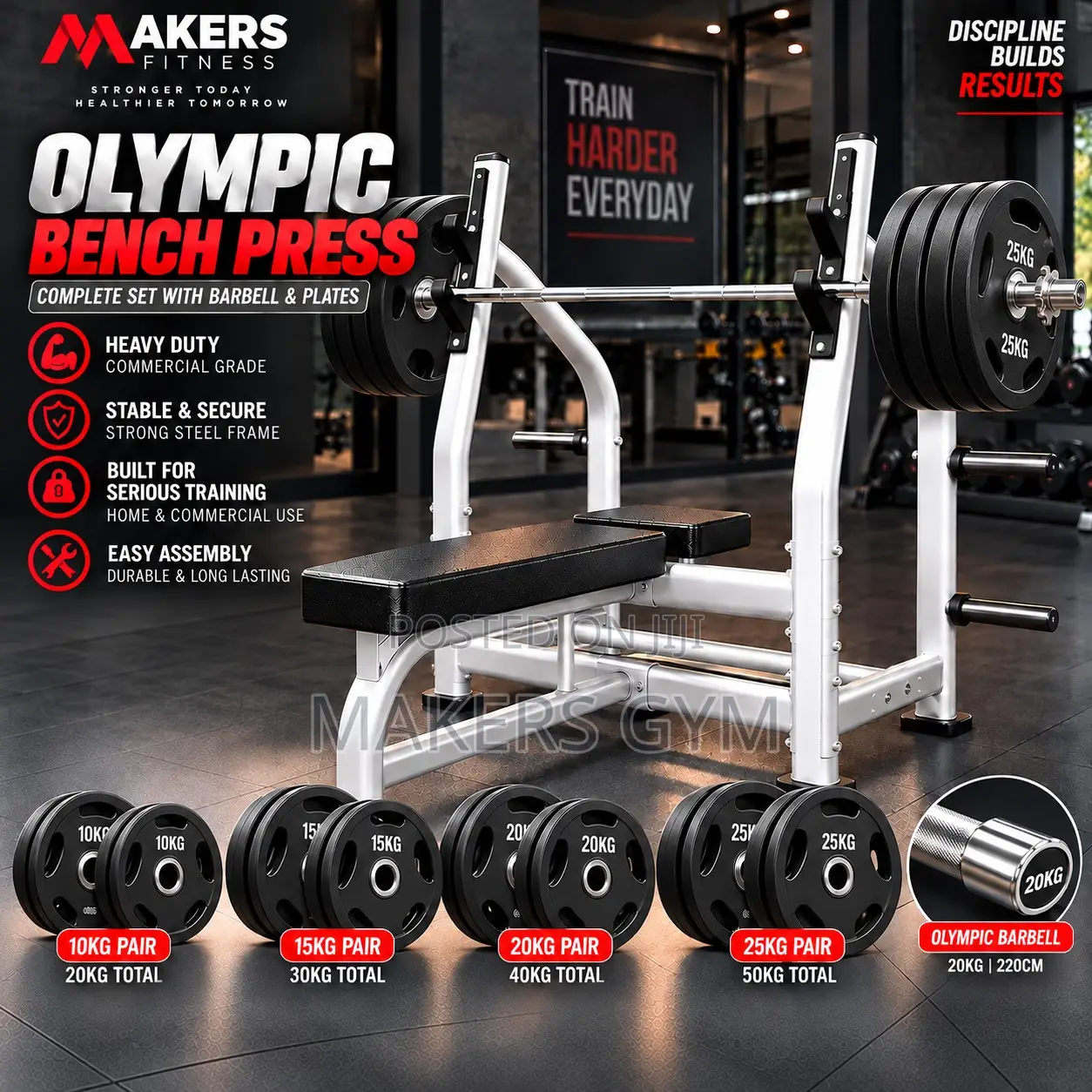 Flat Bench Press With Weight Plates and Barbell (Commercial