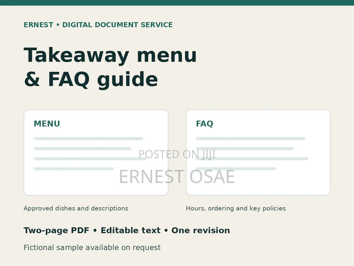 Digital Takeaway Menu and FAQ Guide