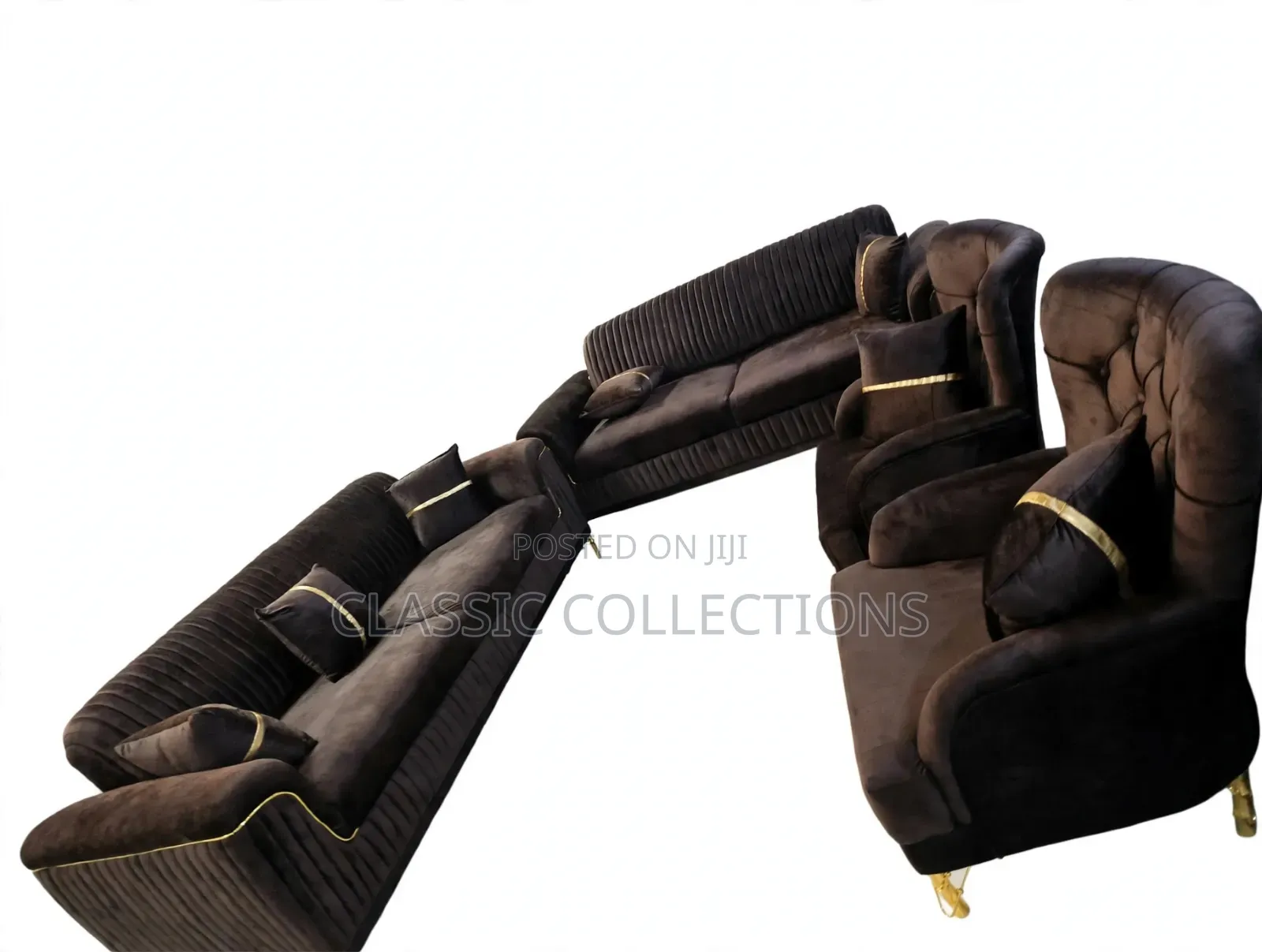 8-Seater Velvet Sofa Set With Gold Piping Accents