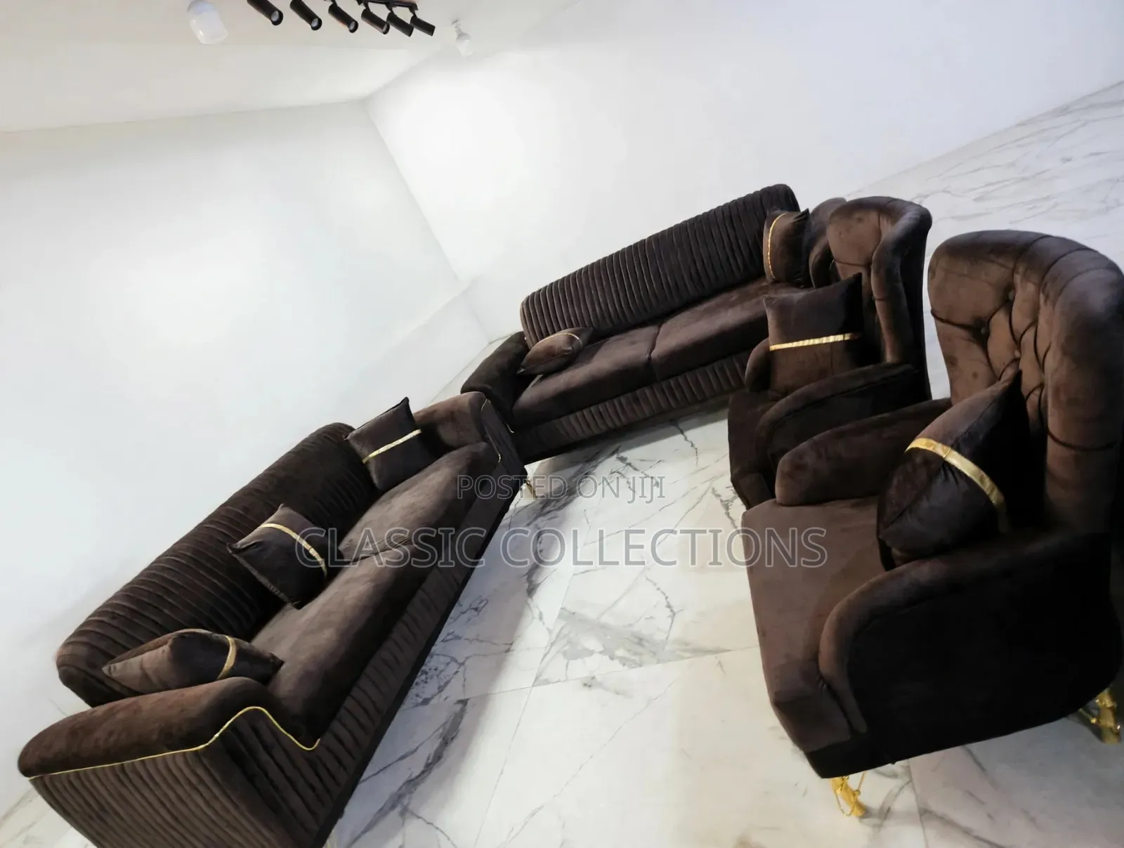8-Seater Velvet Sofa Set With Gold Piping Accents