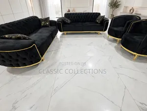 8-Seater Black Velvet Sofa Set With Gold Trim Tufted Accents