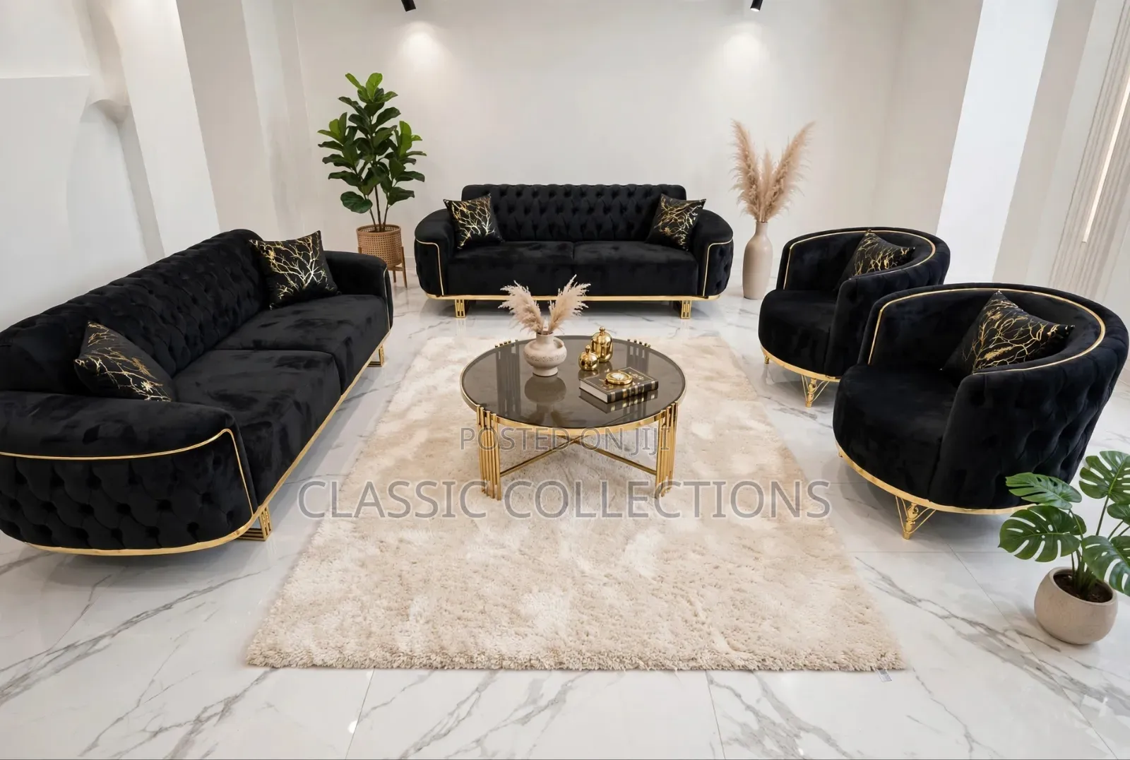 8-Seater Black Velvet Sofa Set With Gold Trim Tufted Accents