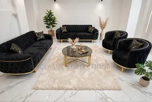 8-Seater Black Velvet Sofa Set With Gold Trim Tufted Accents
