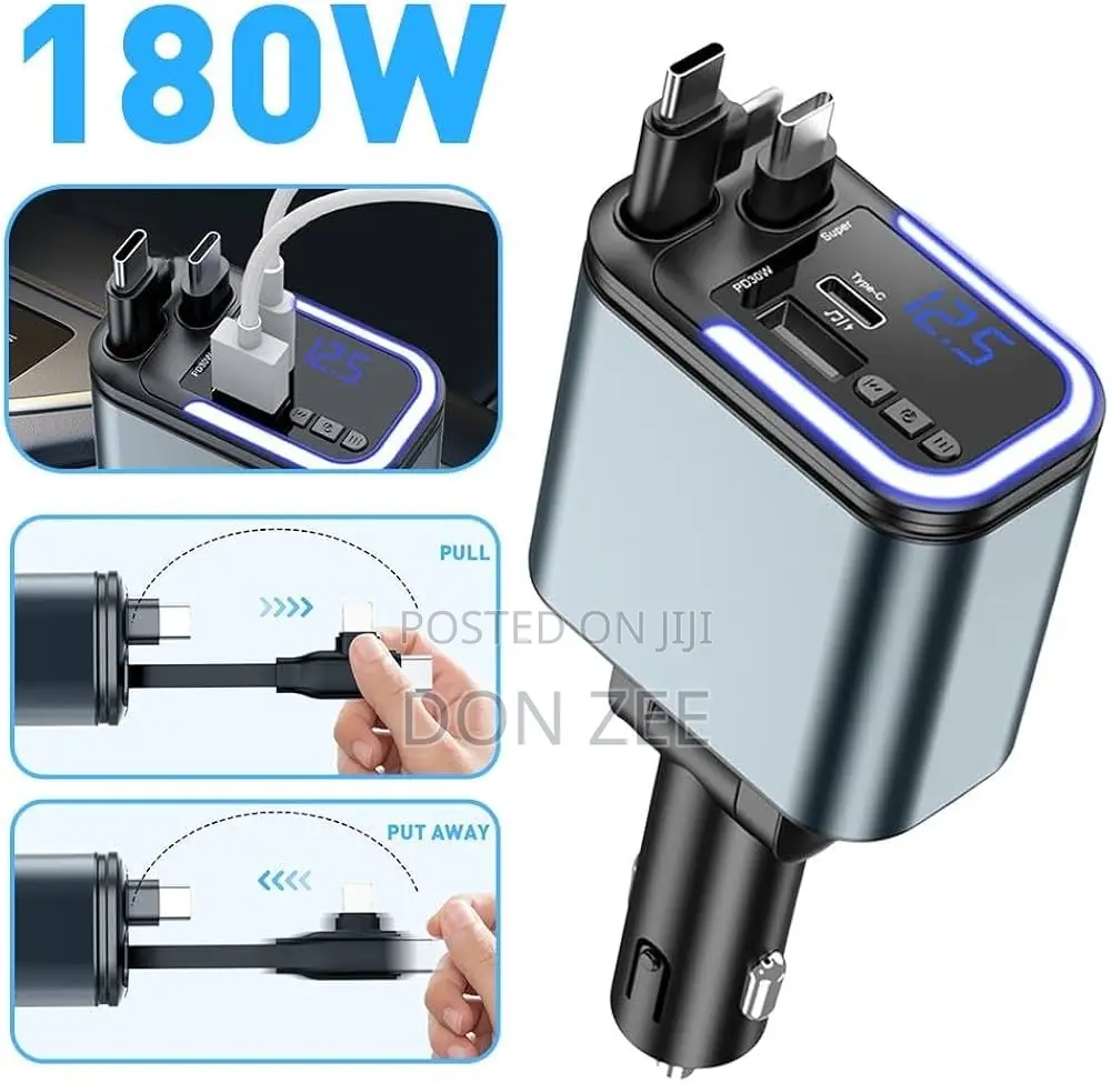 180W Super Fast Car Charger With Dual Telescopic Cable MP3 5-in-1 Char