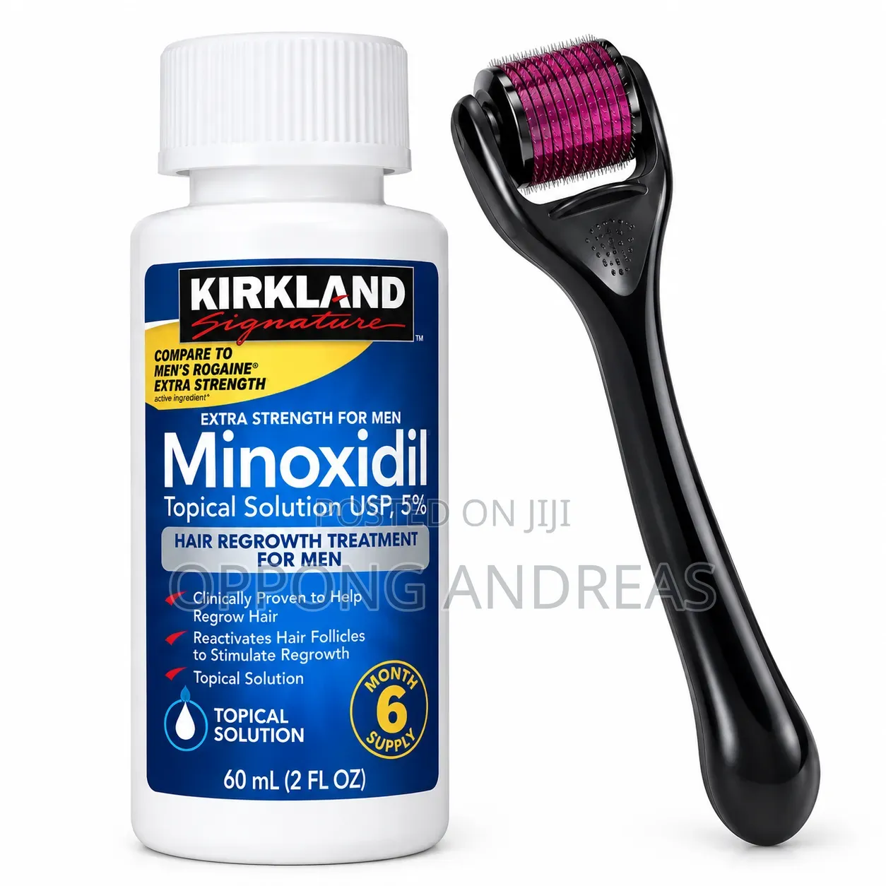 Original Kirkland Minoxidil Bottle and a Medical Derma Roller System