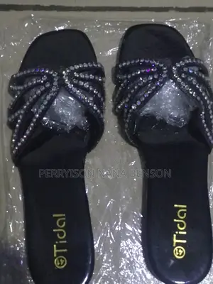 Quality Tidal Beaded Ladies Slippers - Black Blue - Size 37-41