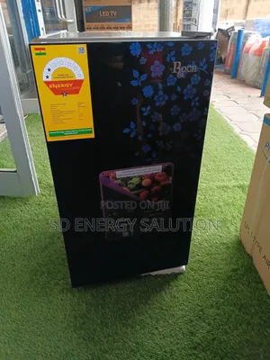 Original Roch Table Top Refrigerator 90L Black Glass Door Blue Fower