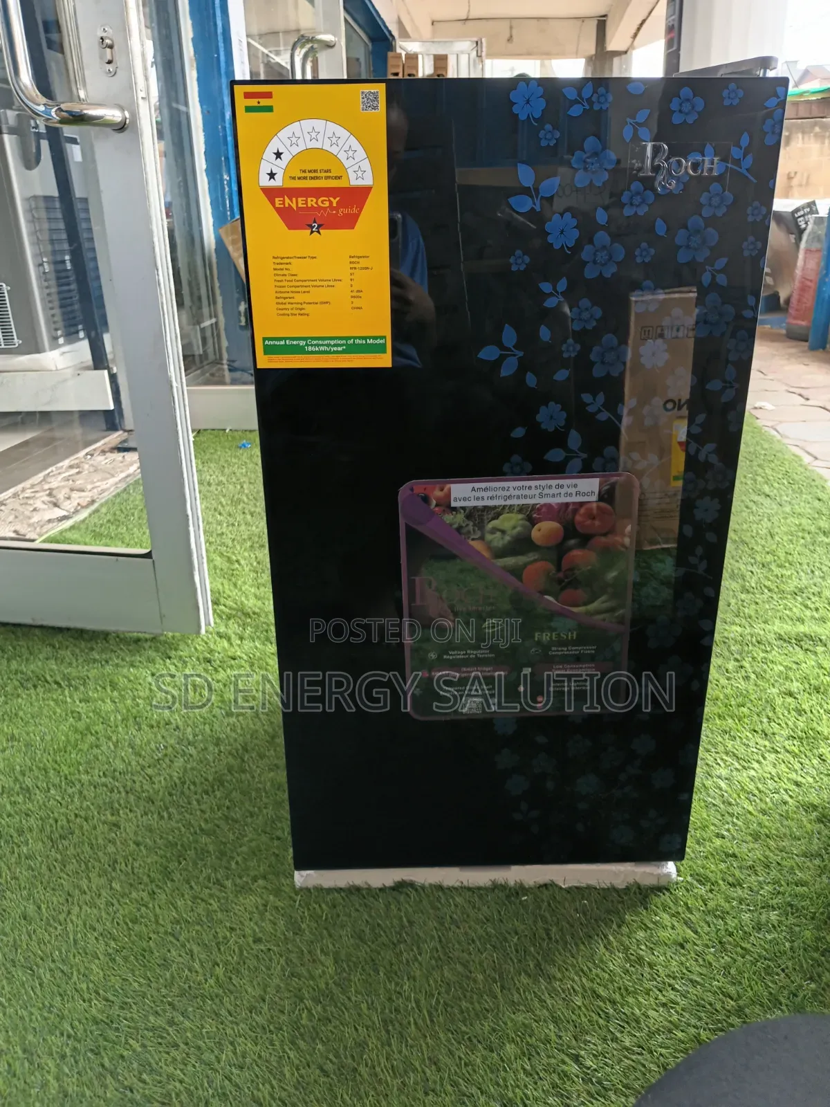 Single Door - Black Glass - Blue Flower Design - Energy Saving