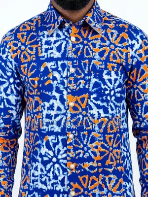 Men’s Long-Sleeve Blue Batik Print Shirt