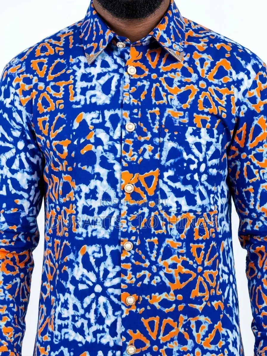 Men’s Long-Sleeve Blue Batik Print Shirt