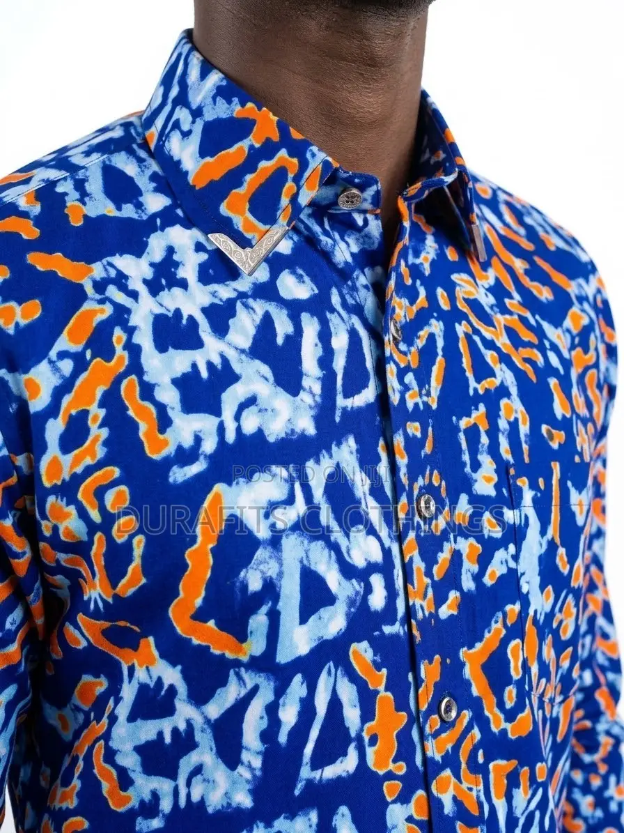 Men’s Long-Sleeve Blue Batik Print Shirt