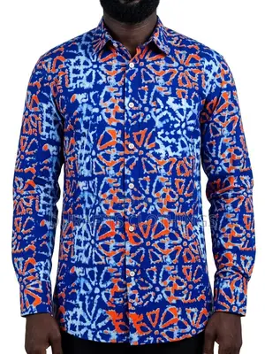 Men’s Long-Sleeve Blue Batik Print Shirt