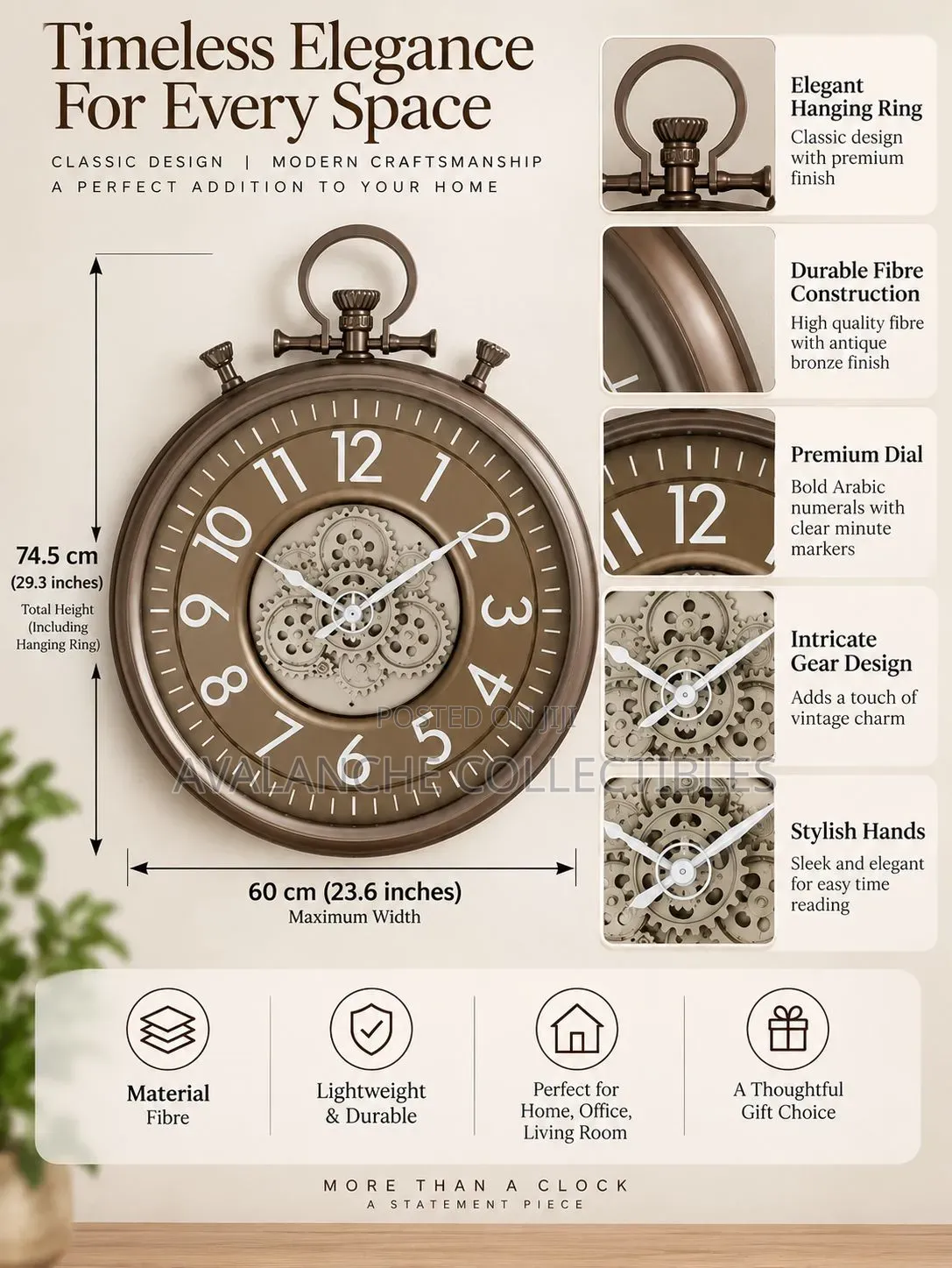 Vintage Pocket Watch Inspired Wall Clock With Rotational Gears 60cm