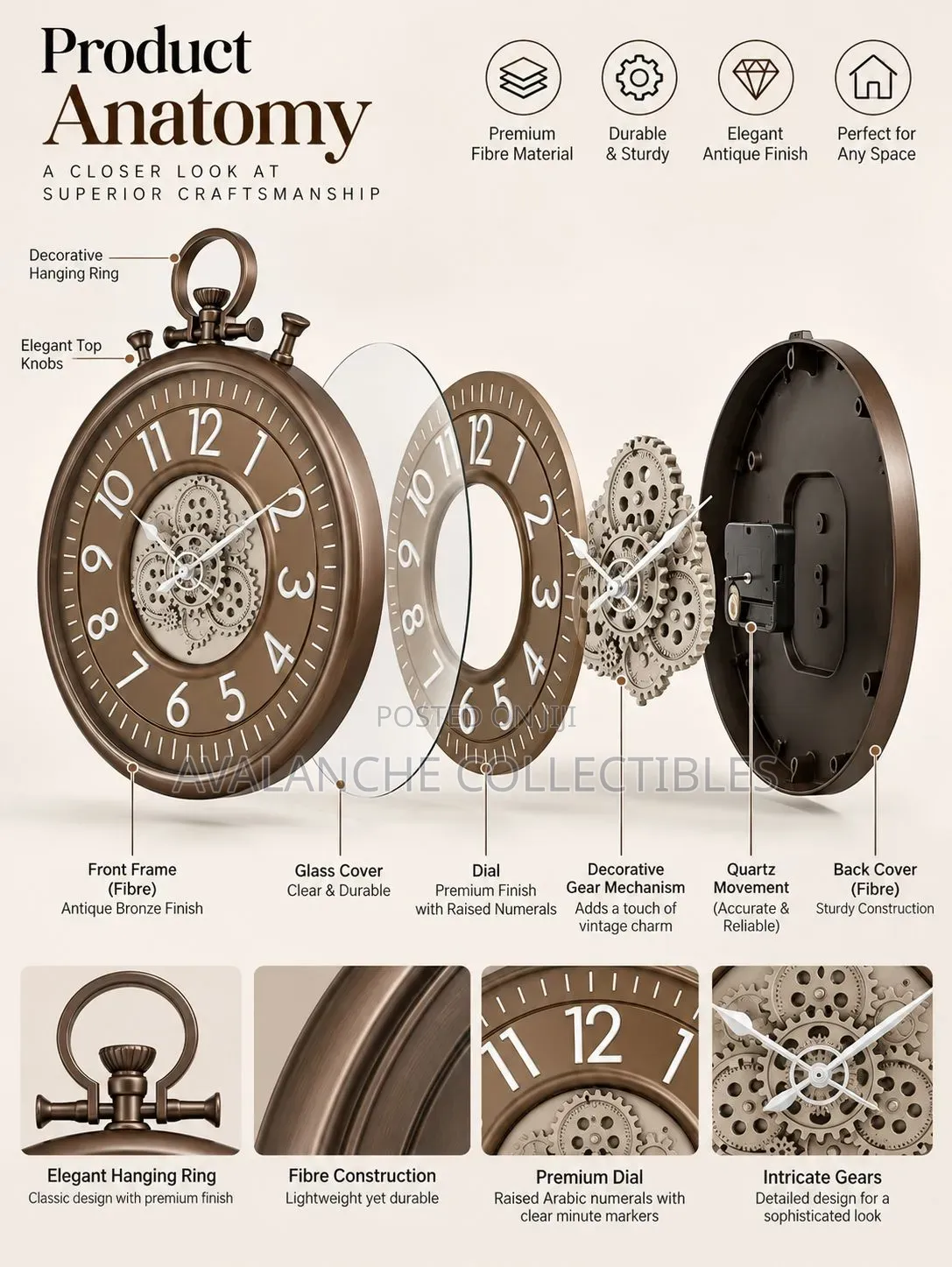 Vintage Pocket Watch Inspired Wall Clock With Rotational Gears 60cm