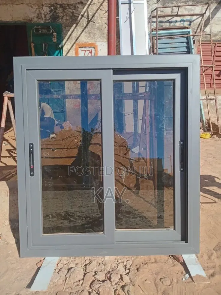 Modern Grey Aluminium Sliding Window With Blue Tinted Glass