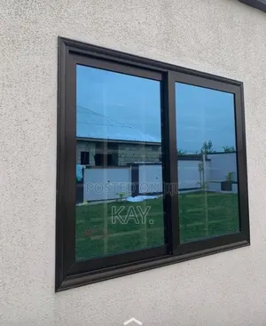 Modern Grey Aluminium Sliding Window With Blue Tinted Glass