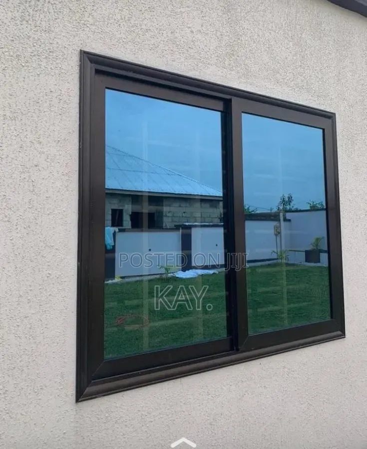 Modern Grey Aluminium Sliding Window With Blue Tinted Glass