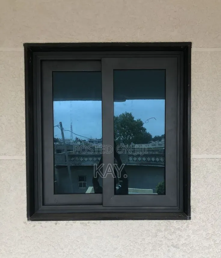 Modern Grey Aluminium Sliding Window With Blue Tinted Glass