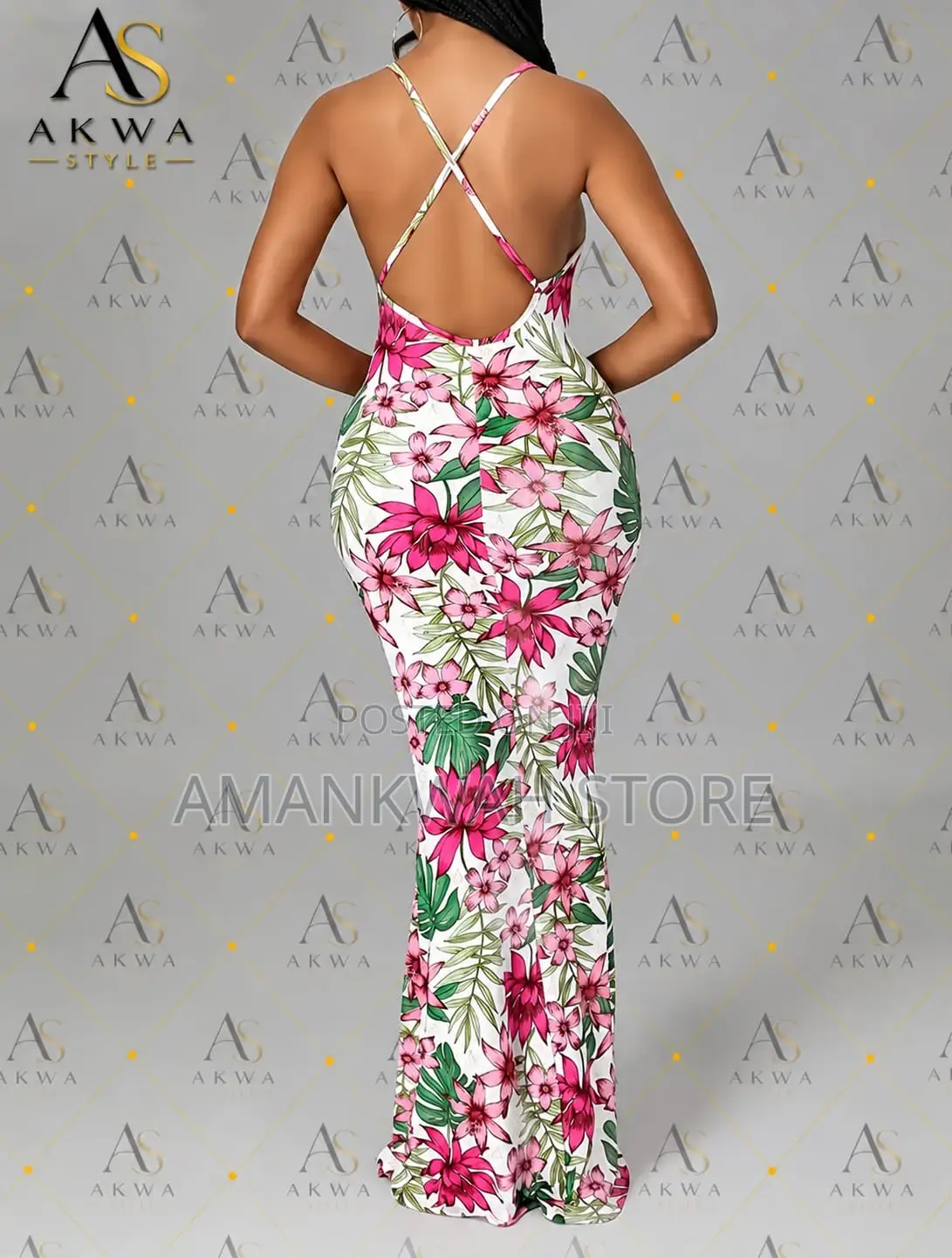 Women’s Floral Print Backless Maxi Dress – Cross Strap Bodycon Long Dr