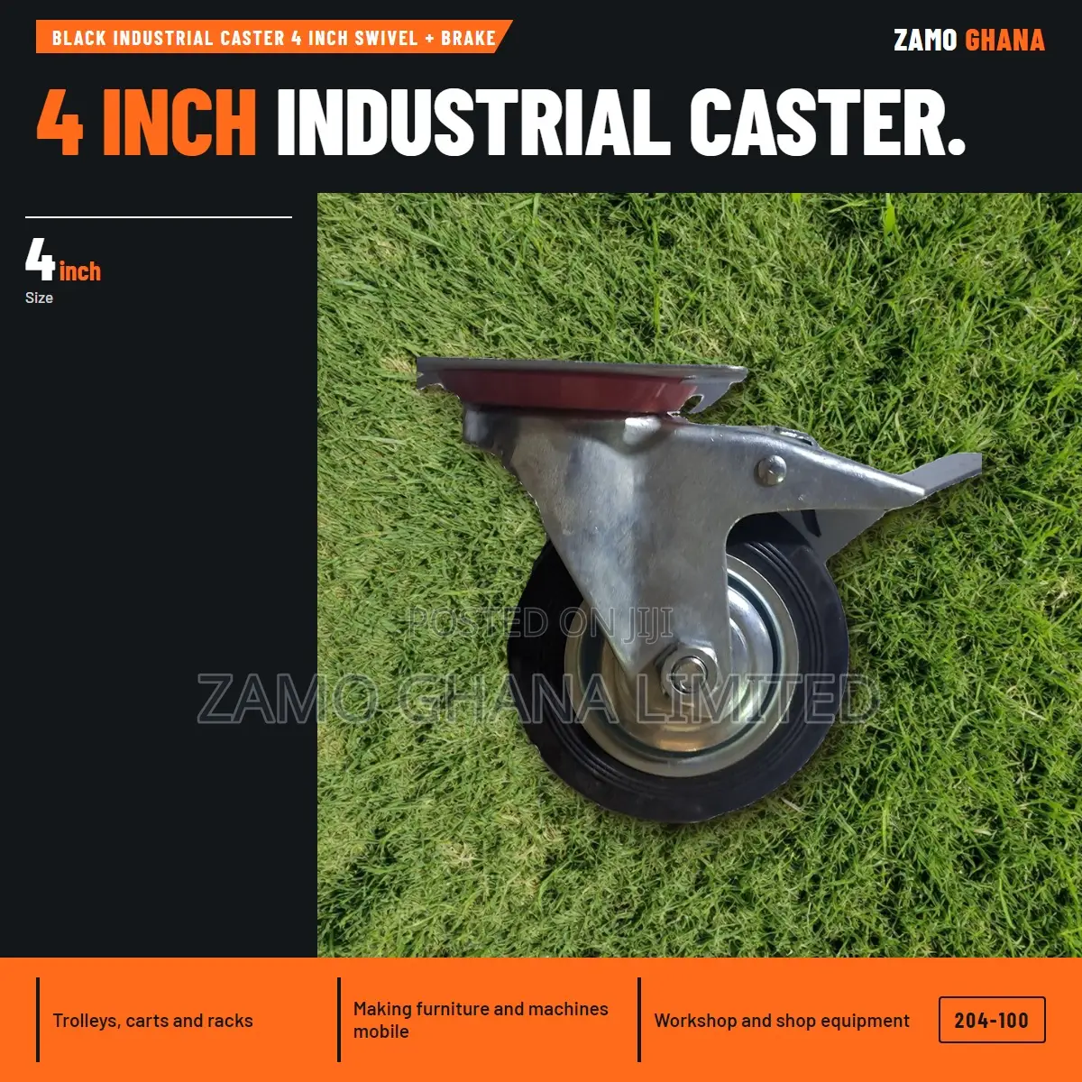Black Industrial Caster 4 Inch Swivel + Brake - 204-100