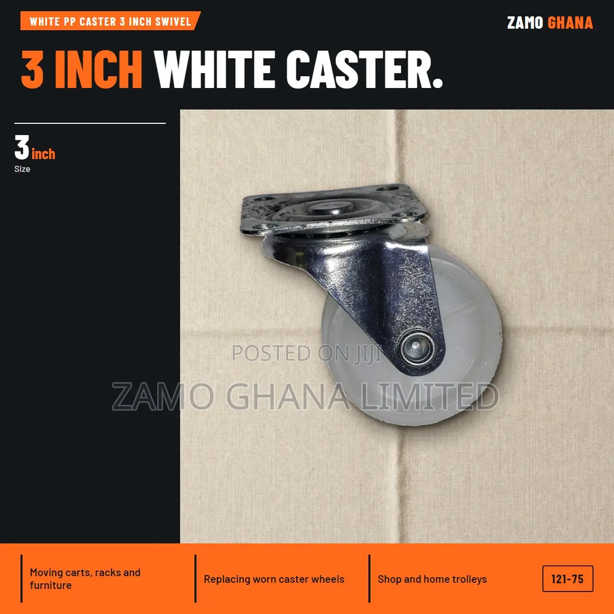 White Pp Caster 3 Inch Swivel - 121-75