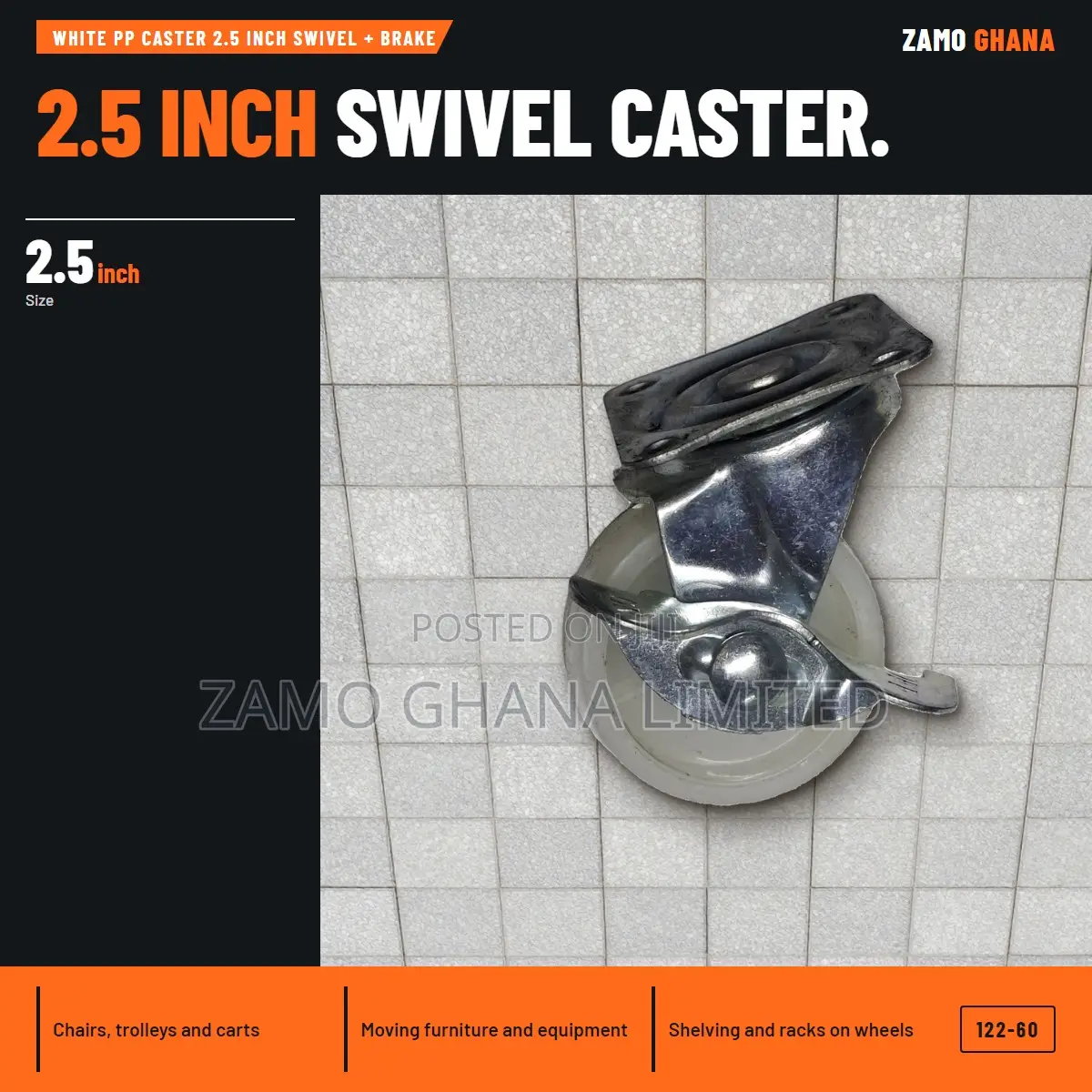 White Pp Caster 2.5 Inch Swivel + Brake - 122-60