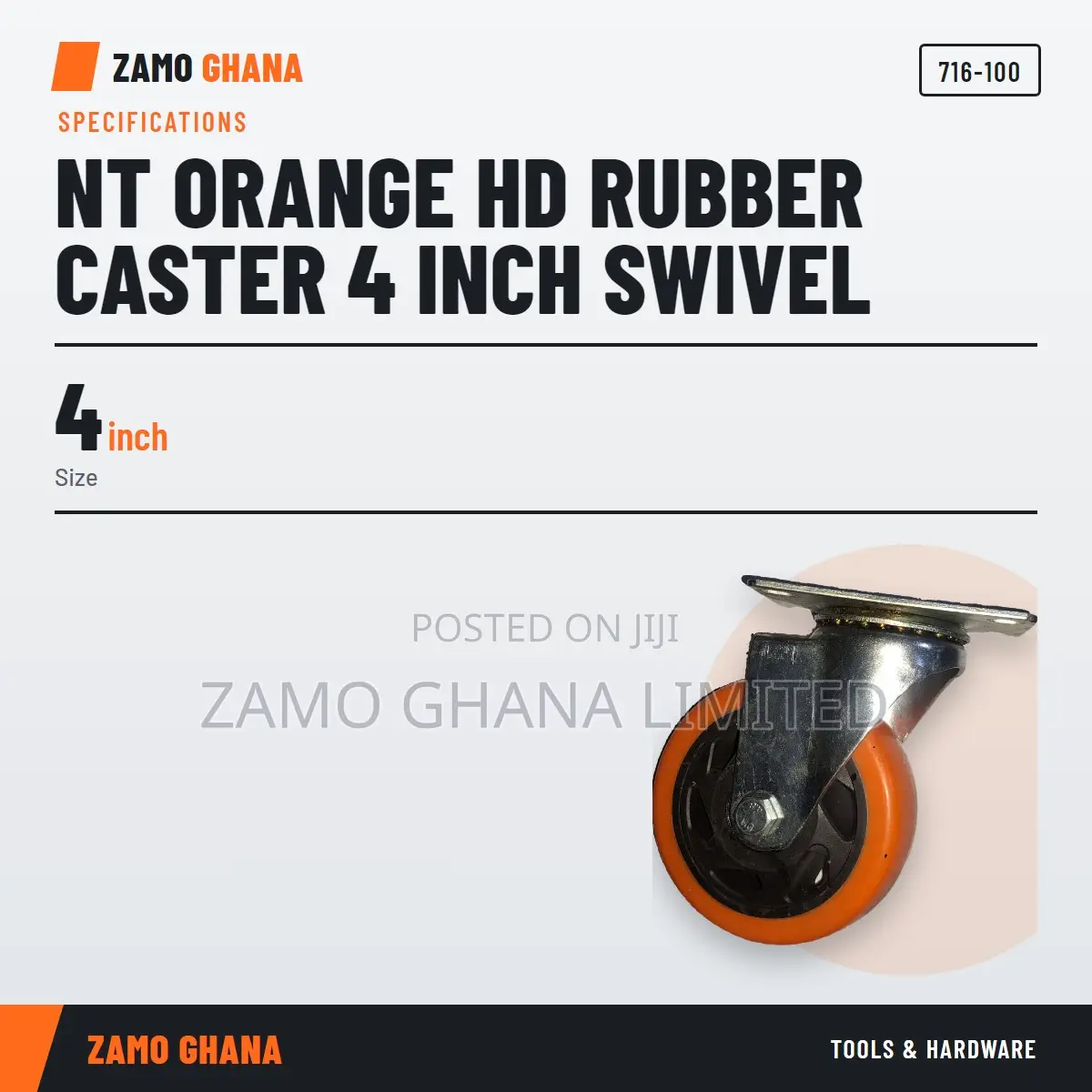 Nt Orange Hd Rubber Caster 4 Inch Swivel - 716-100