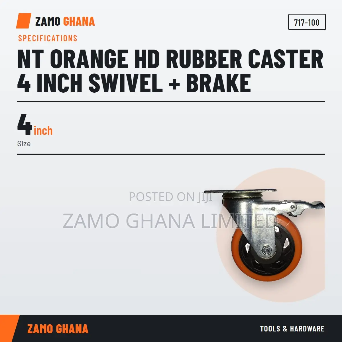 Nt Orange Hd Rubber Caster 4 Inch Swivel + Brake - 717-100