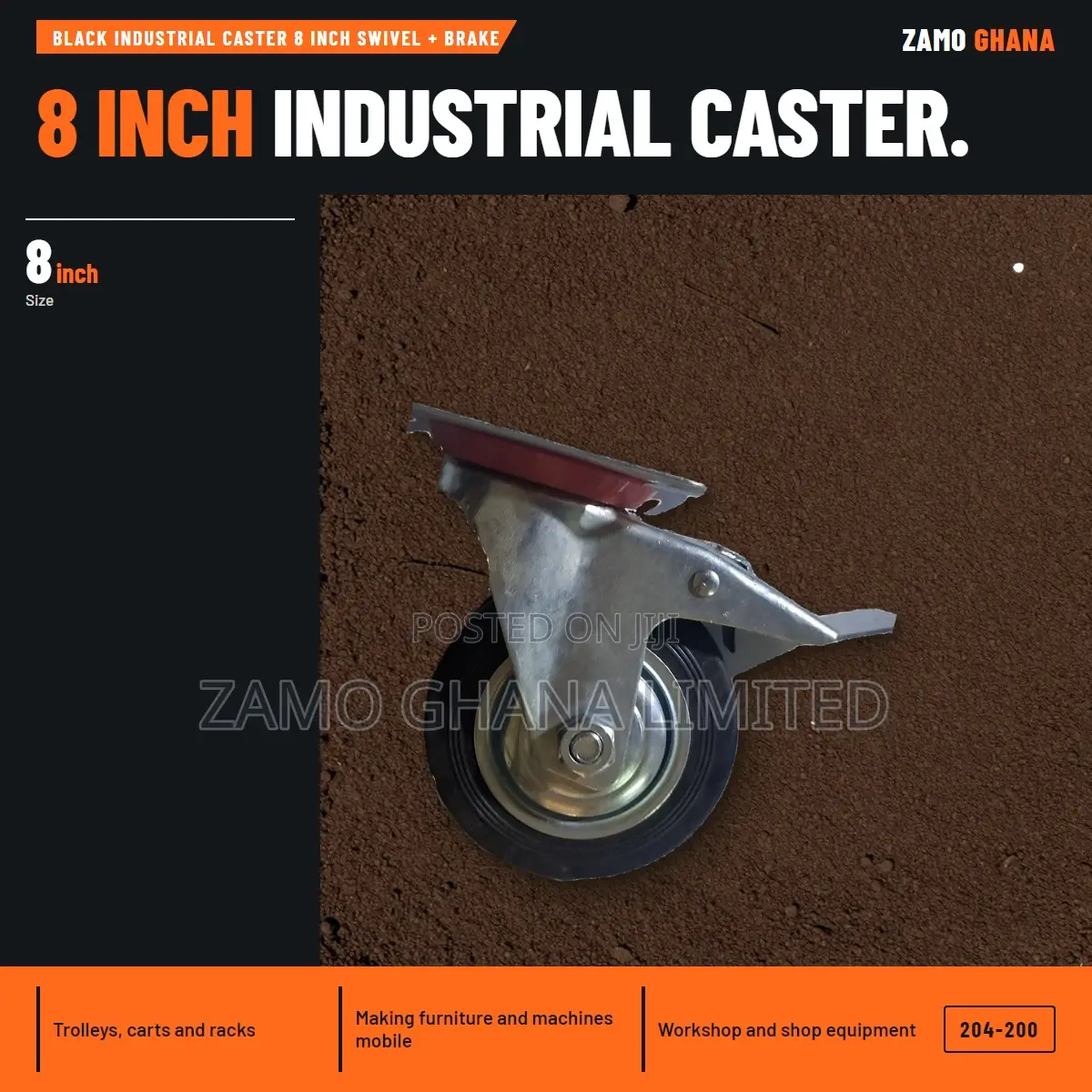 Black Industrial Caster 8 Inch Swivel + Brake - 204-200