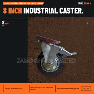 Black Industrial Caster 8 Inch Swivel + Brake - 204-200