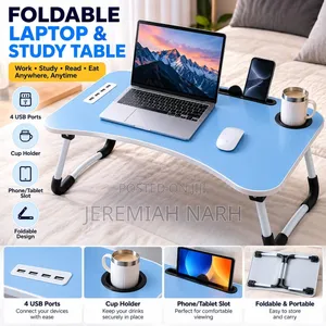 Foldable Laptop & Study Table With USB Ports Cup Holder & Device Slot