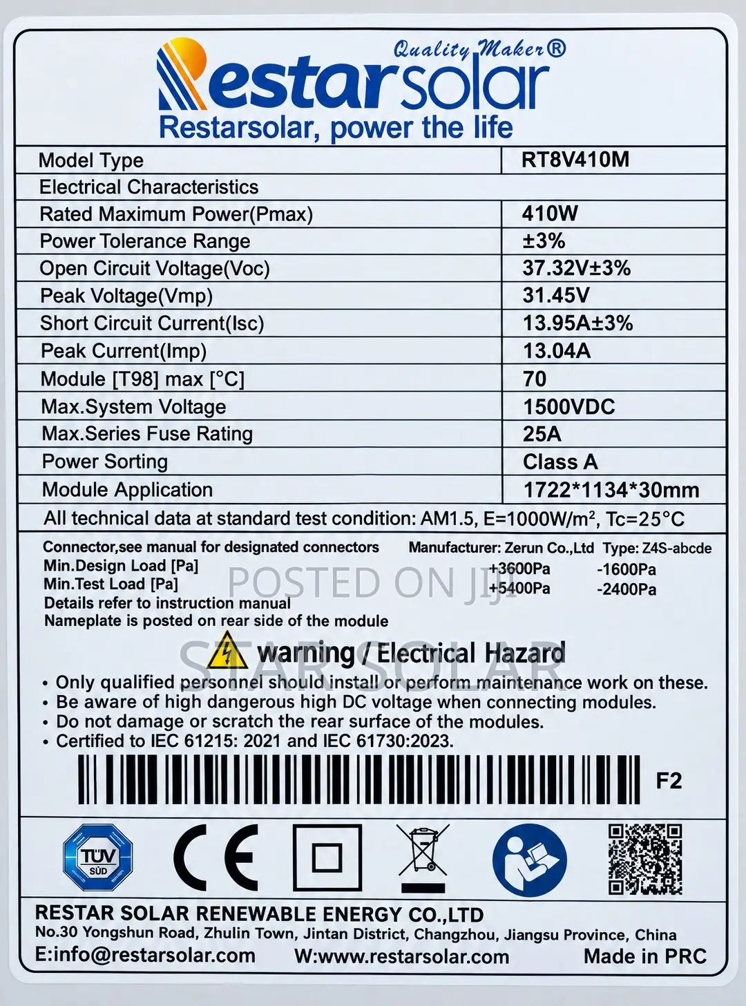 Restar Efficiency 410W Mono Solar Panel