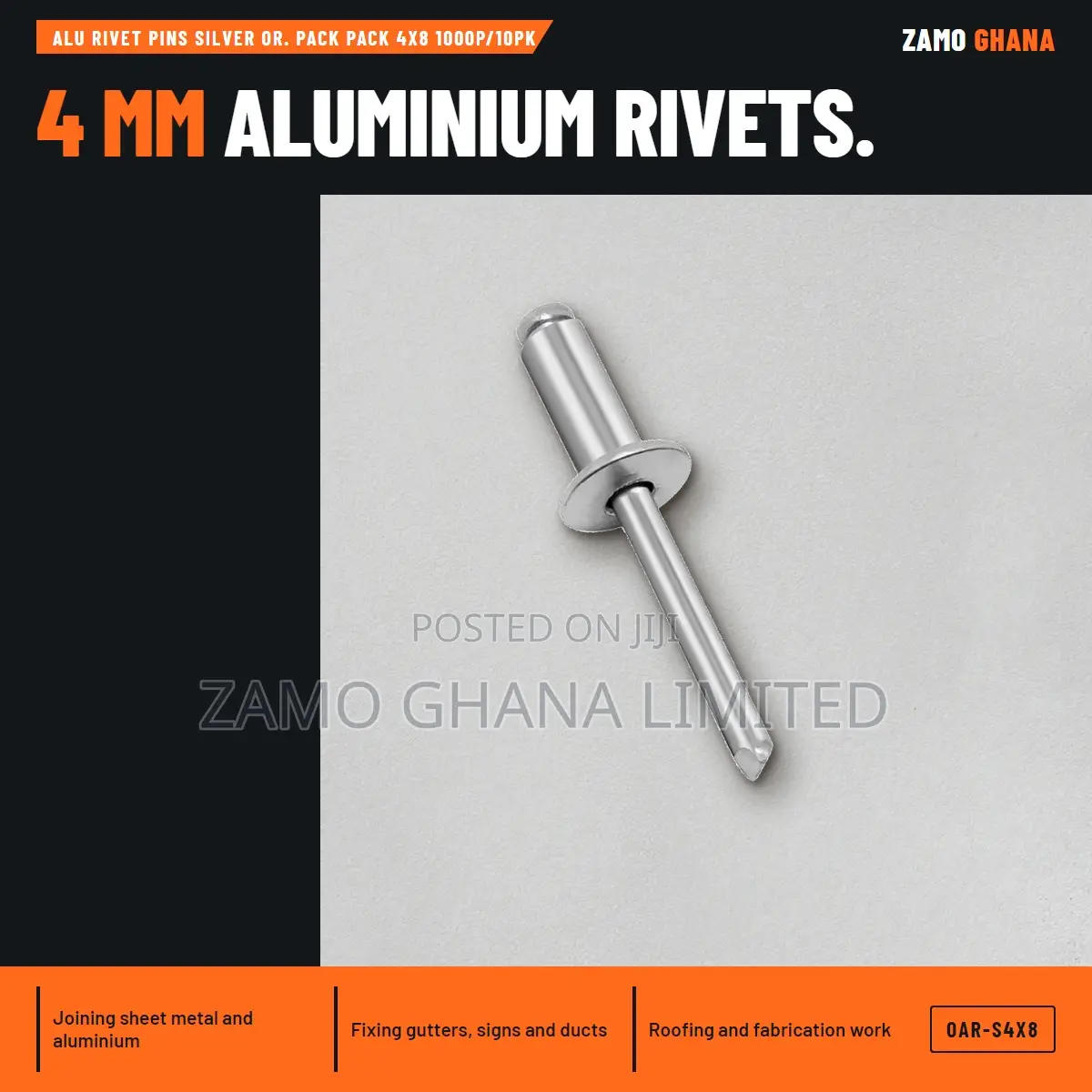 Alu Rivet Pins Silver Or. Pack Pack 4X8 1000p/10Pk - OAR-S4X8