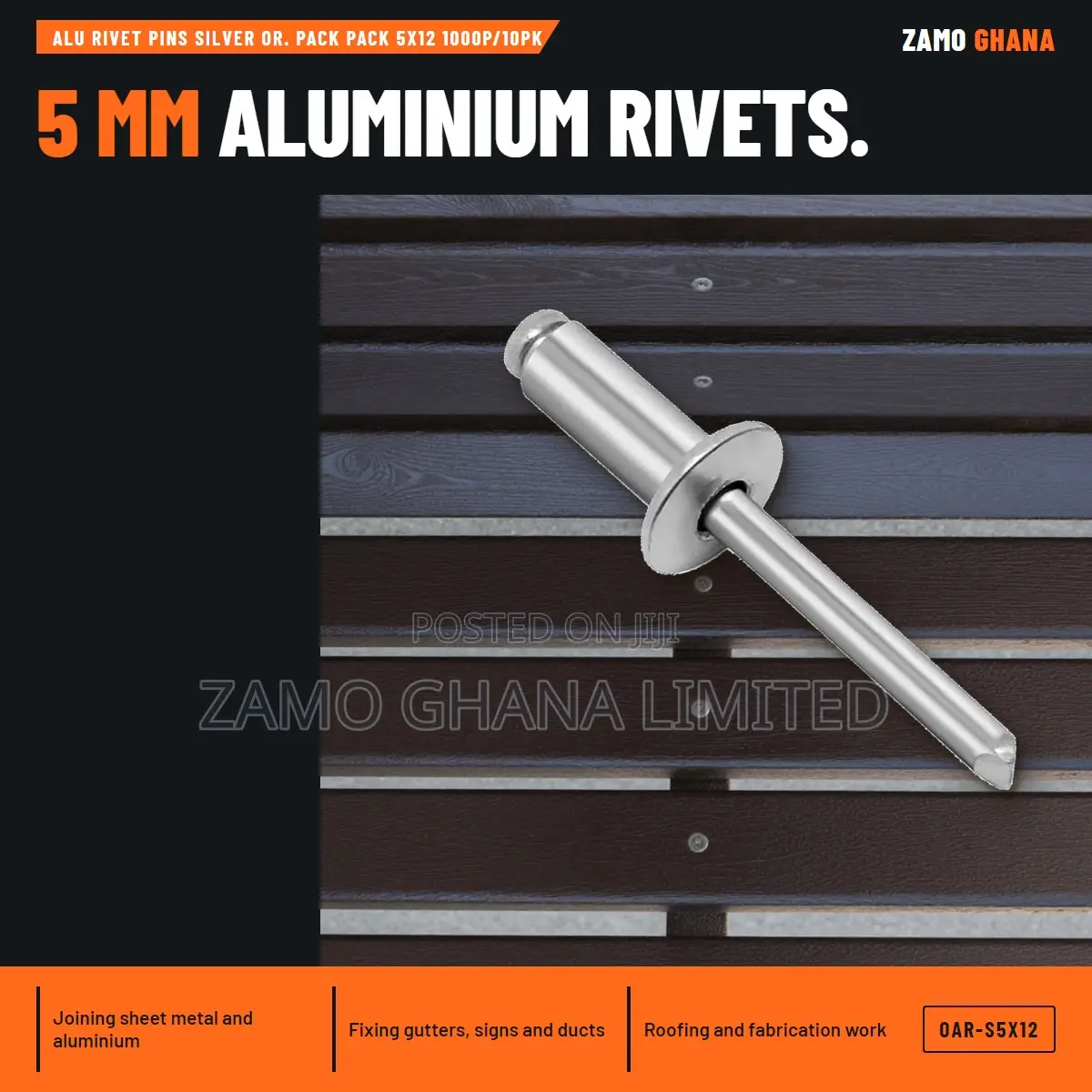 Alu Rivet Pins Silver Or. Pack Pack 5X12 1000p/10Pk - OAR-S5X12