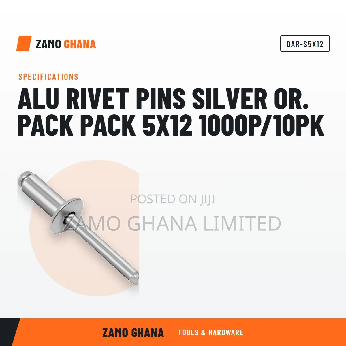 Alu Rivet Pins Silver Or. Pack Pack 5X12 1000p/10Pk - OAR-S5X12