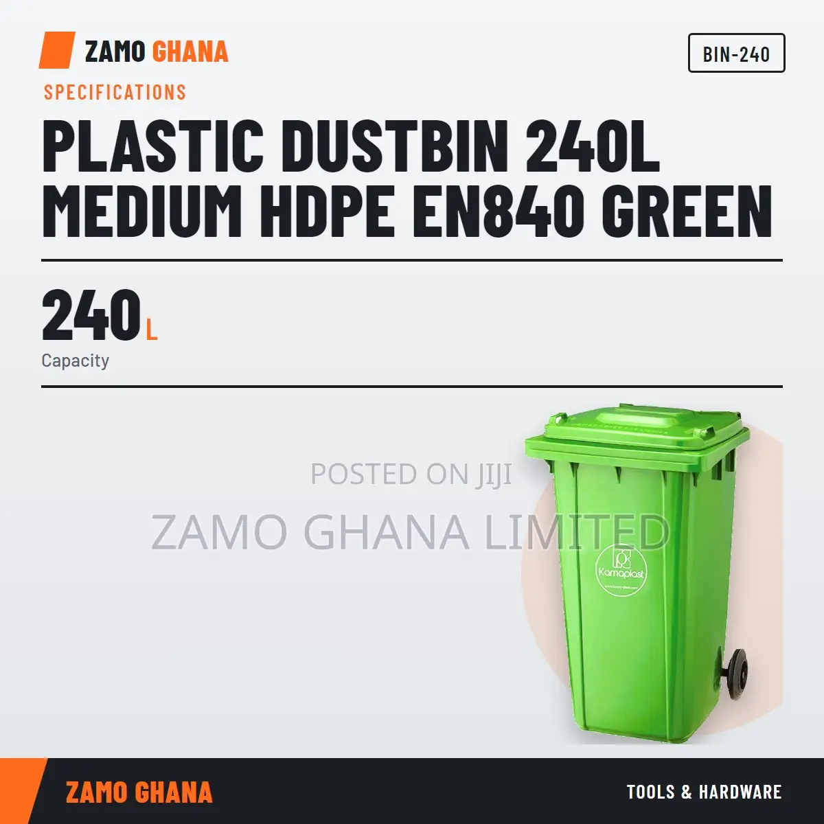 Plastic Dustbin 240L Medium Hdpe En840 Green - BIN-240