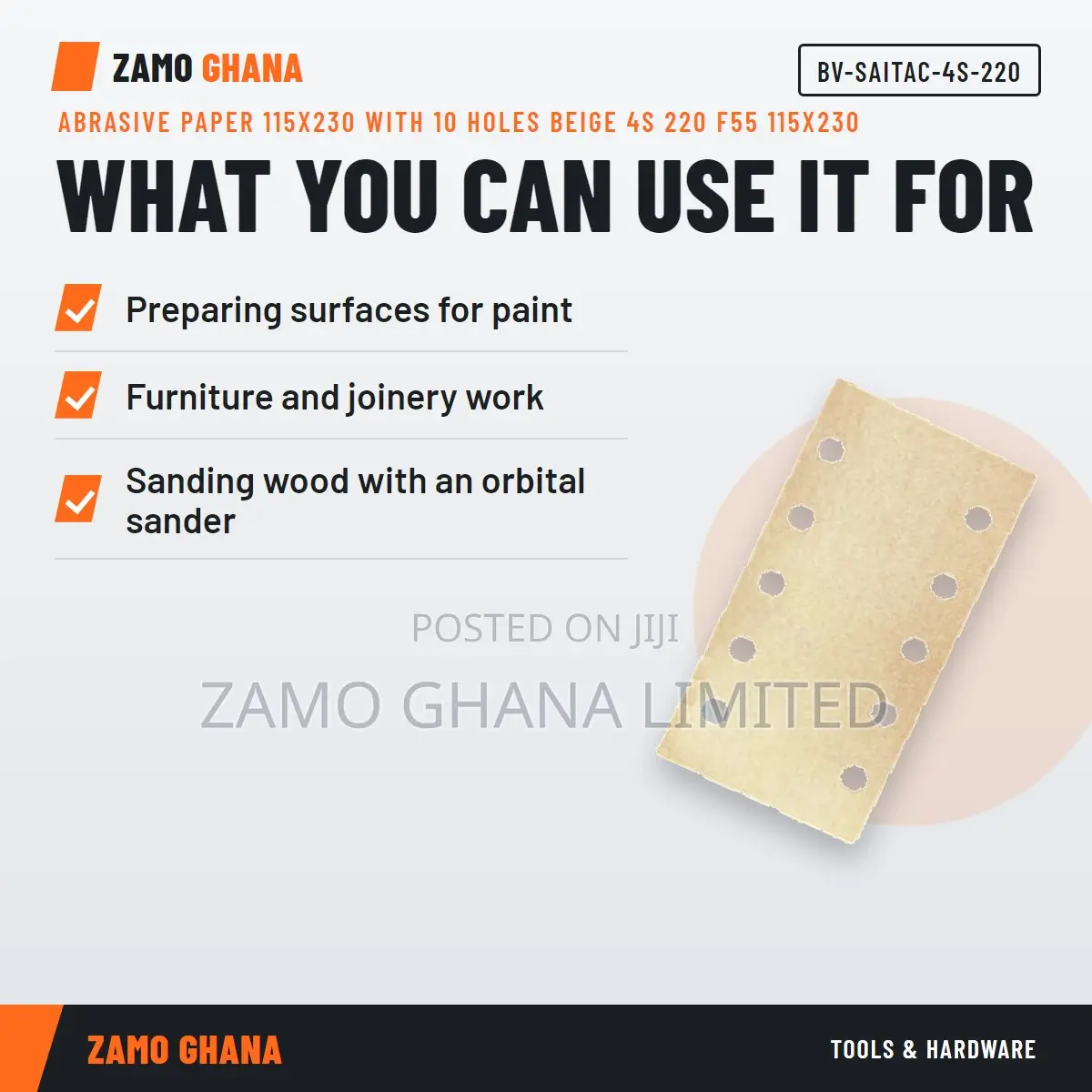 Abrasive Paper 115X230 With 10 Holes Beige 4S 220 F - BV-SAITAC-4S-220