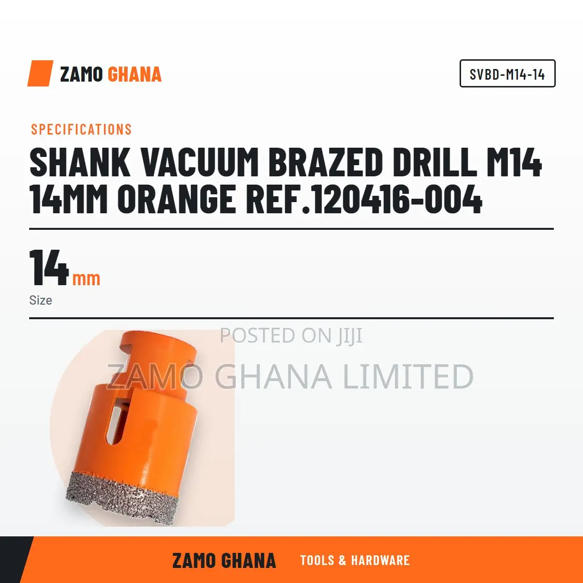 Shank Vacuum Brazed Drill M14 14Mm Orange Ref.120416-004 - SVBD-M14-14