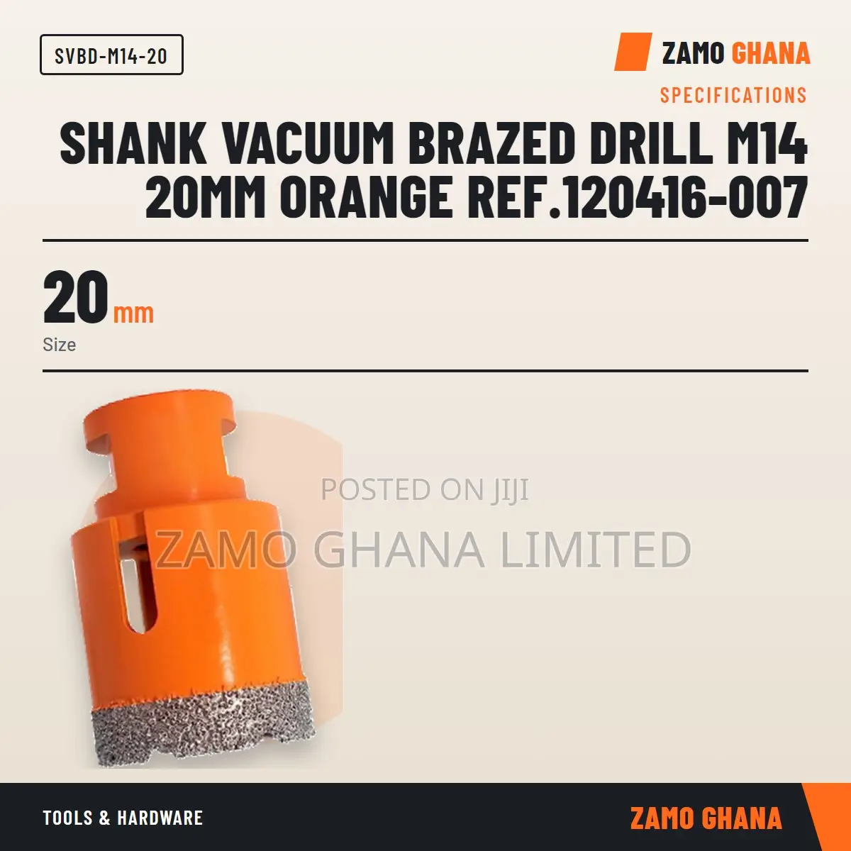 Shank Vacuum Brazed Drill M14 20Mm Orange Ref.120416-007 - SVBD-M14-20