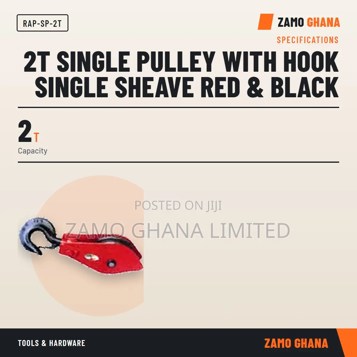 2T Single Pulley With Hook Single Sheave Red & Black - RAP-SP-2T
